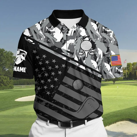 MaxCorners Premium Usa Flag Gray Pattern Golf Polo Shirts Multicolored Customized Name Polo For Men