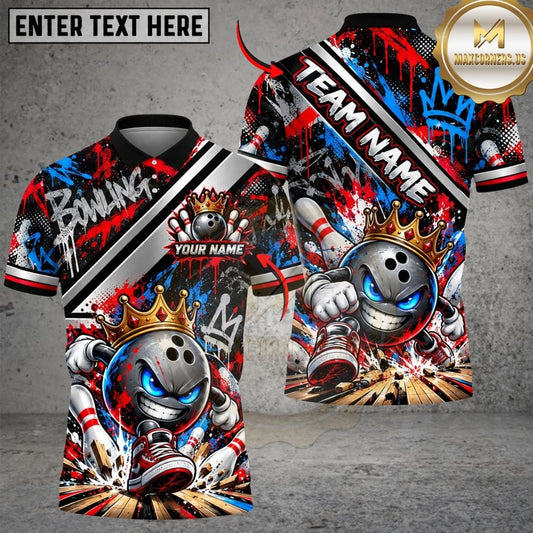 Maxcorners Bowling Angry Ball Mascot Crown Urban Graffiti Stripe Pins Artwork Multicolor Customized Name, Team Name 3D Shirts