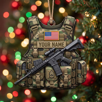 Maxcorners Veteran American Flag Tactical Vest And Rifle Personalized Name 3D Keychain And Ornament