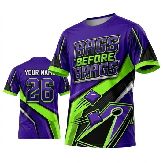 Maxcorners Cornhole Bags Before Brags Purple Neon Green Personalized Name 3D Unisex Shirt