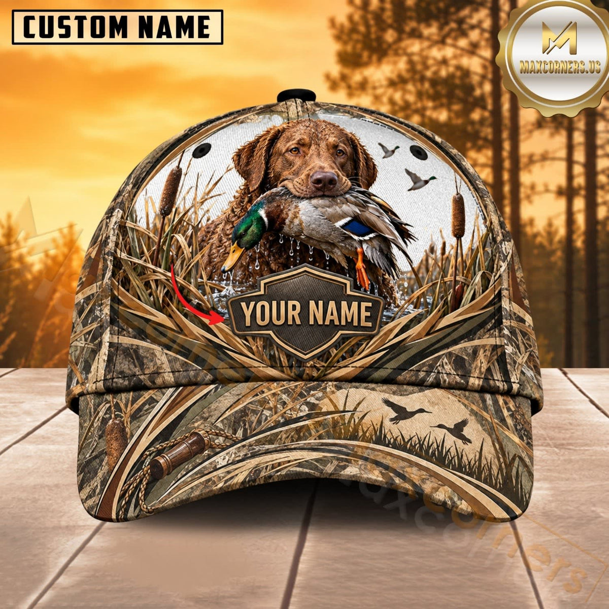 Maxcorners Dog Hunting And Duck Realistic Marsh Grass Camo Retriever Personalized Name 3D Cap