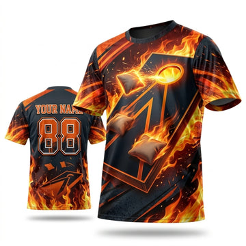 Maxcorners Cornhole Flaming Geometric Orange Lightning Personalized Name 3D Unisex Shirt