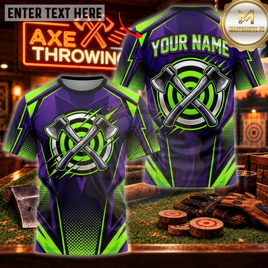 Maxcorners Axe Throwing Neon Green Purple Crossed Axes Personalized Name 3D Unisex Shirt