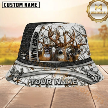 Maxcorners Deer Hunting White Camo Black Hexagon Personalized Name 3D Bucket Hat