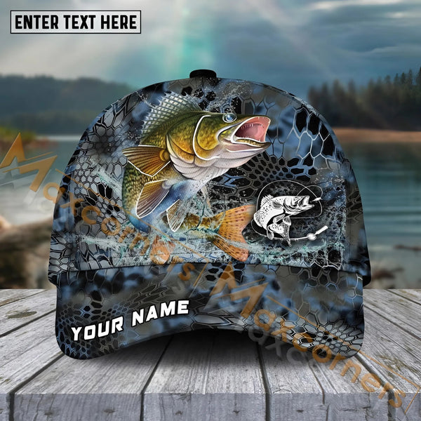 Maxcorners Walleye FishingBlue Kryptek Camo Pattern Sport Pattern Personalized Name 3D Cap MT173