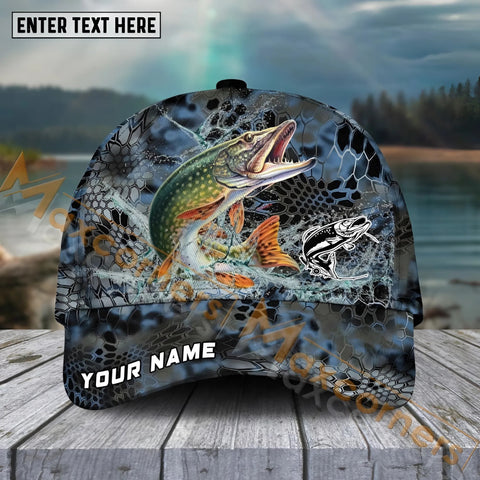 Maxcorners Pike FishingBlue Kryptek Camo Pattern Sport Pattern Personalized Name 3D Cap MT173