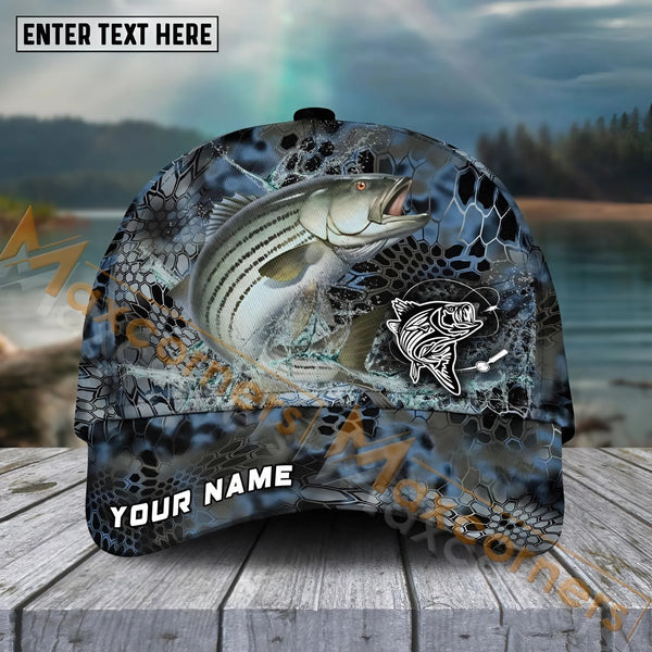 Maxcorners Striped Bass Fishing Blue Kryptek Camo Pattern Sport Pattern Personalized Name 3D Cap MT173