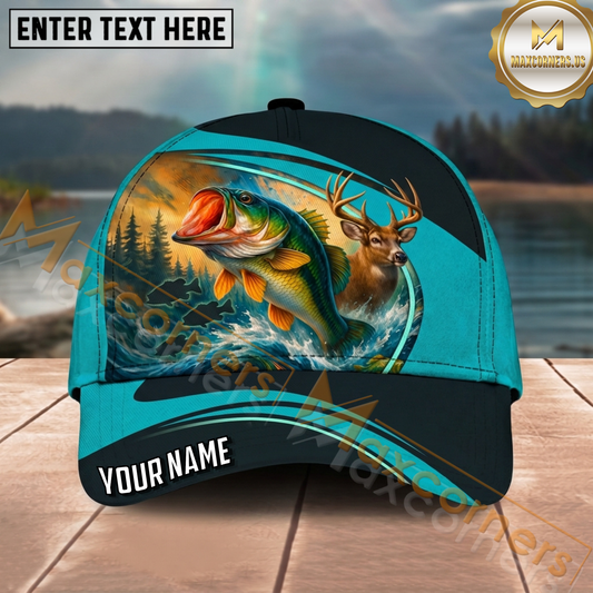 Maxcorners Fishing Deer Lake Outdoor Personalized Name 3D Cap (12 Fish Species)