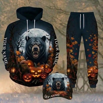 Maxcorners Hunting Halloween Spooky Night Bear Personalized 3D Combo Hoodie, Sweatpants Set & Cap