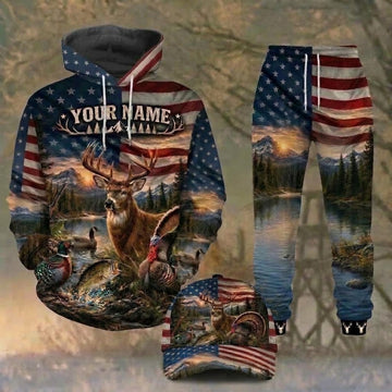 Maxcorners Hunting Mountain Lake Sunset Mixed Animals American Flag Personalized 3D Combo Hoodie, Sweatpants Set & Cap