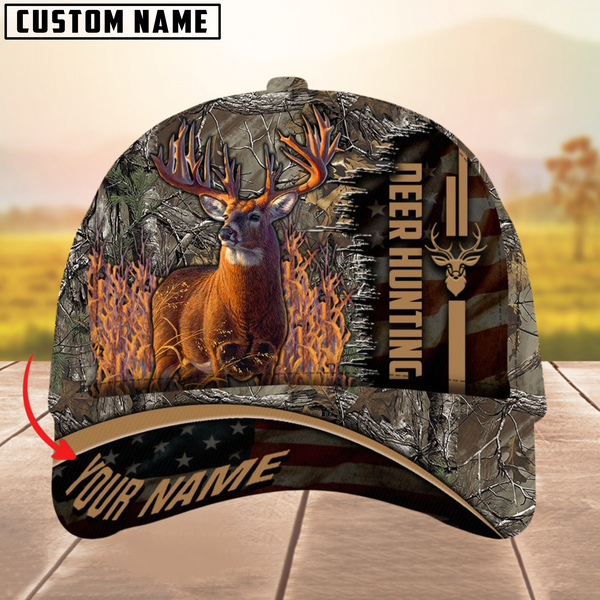 Maxcorners Premium Unique Version Of USa Flag Deer Hunting Multicolor Option Personalized Name 3D Cap