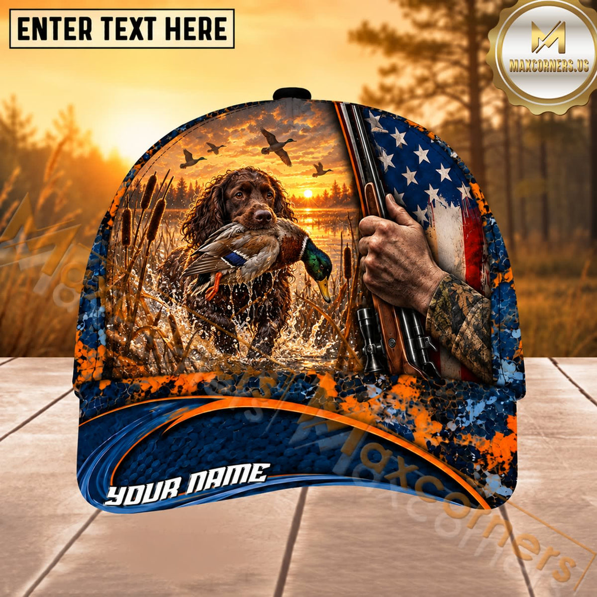 Maxcorners Dog Hunting And Duck American Flag Marsh Sunset Hunting Scene Multiple Options Personalized Name 3D Cap