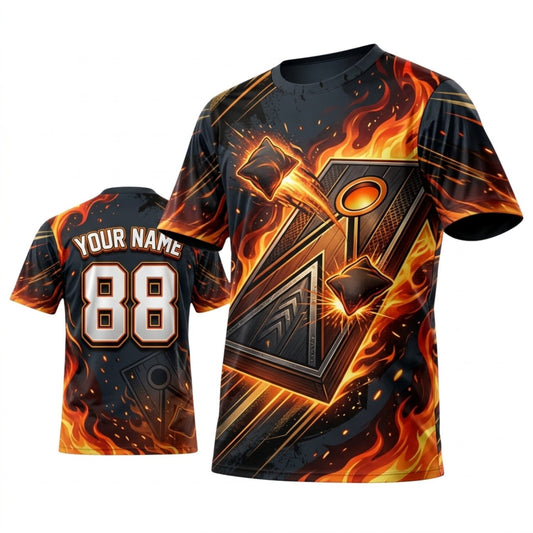 Maxcorners Cornhole Fire Geometric Black Orange Personalized Name 3D Unisex Shirt