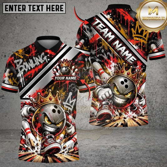 Maxcorners Bowling Angry Ball Mascot Crown Urban Graffiti Stripe Pins Artwork Multicolor Customized Name, Team Name 3D Shirts