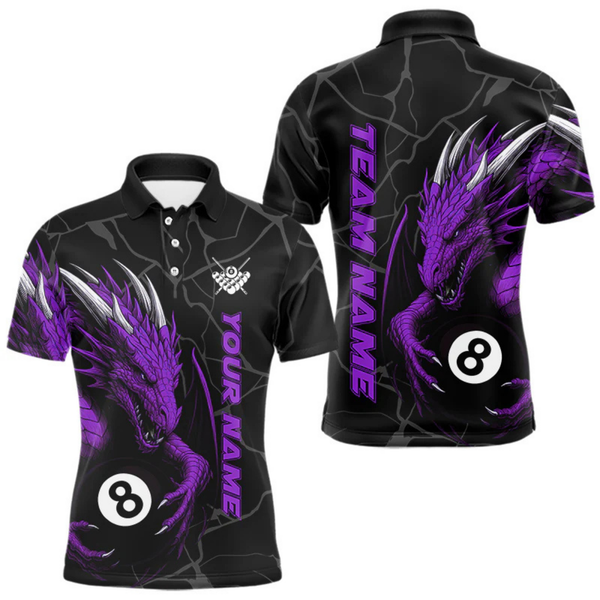 Maxcorners Custom Men's Dragon Billiard Shirt – Black And Purple 8 Ball Pool Team Jersey Polo & Quarter Zip LM2404