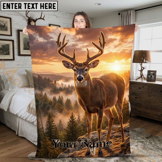 Maxcorners Proud Whitetail Buck Rocky Mountain Sunset Personalized 3D Blanket