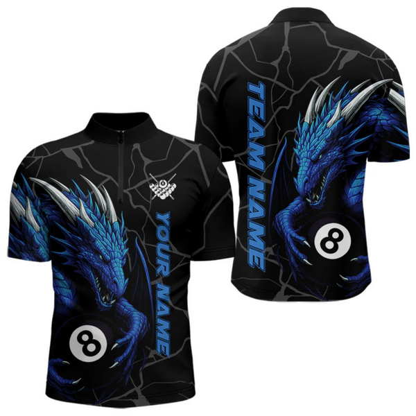 Maxcorners Custom Men's Dragon Billiard Shirt – Black And Blue 8 Ball Pool Team Jersey Polo & Quarter Zip LM2404