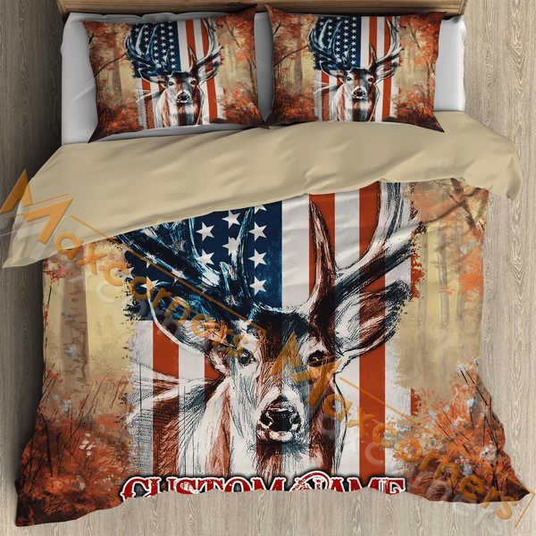 Maxcorners Custom Text USA Flag Deer Hunting Bedding Set 3D All Over Printed