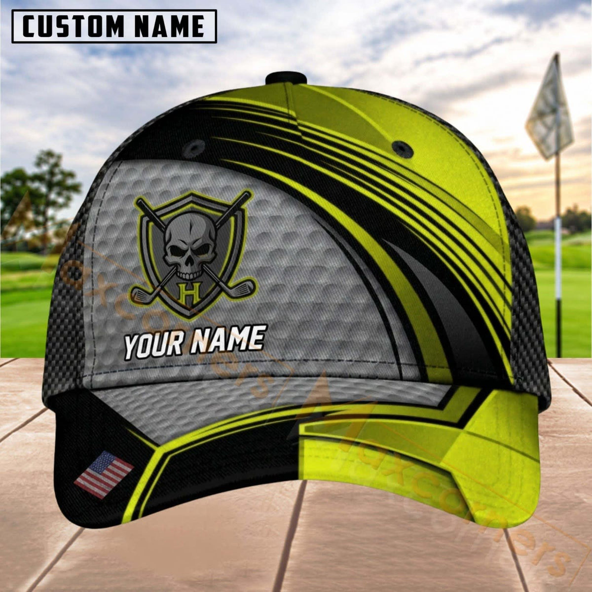 Maxcorners Golf Skull Shield Dynamic Stripe Personalized Name 3D Cap (8 Colors)