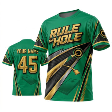 Maxcorners Cornhole Rule The Hole Emerald Green Gold Personalized Name 3D Unisex Shirt