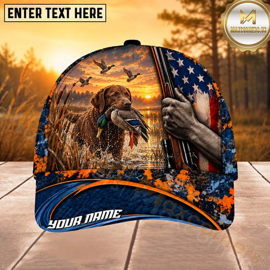 Maxcorners Dog Hunting And Duck American Flag Marsh Sunset Hunting Scene Multiple Options Personalized Name 3D Cap