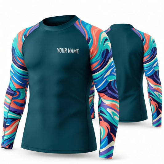 Maxcorners Personalized Ocean Art Teal Shirt with Colorful Flowing Wave Sleeves 3D All Over Printed Shirts, Best Gifts for Ocean Lovers