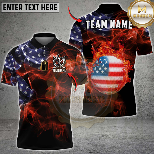 Maxcorners Golf Shirt American Flag Fire Golf Ball Personalized Name Team Name 3D Shirt