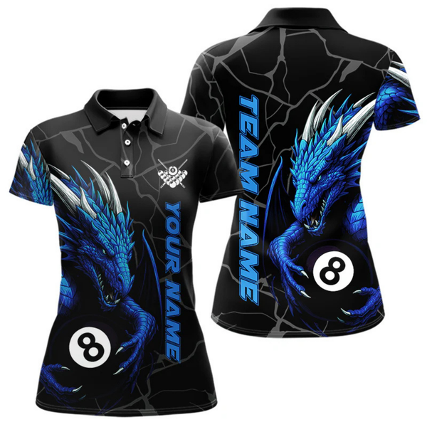 Maxcorners Custom Men's Dragon Billiard Shirt – Black And Blue 8 Ball Pool Team Jersey Polo & Quarter Zip LM2404