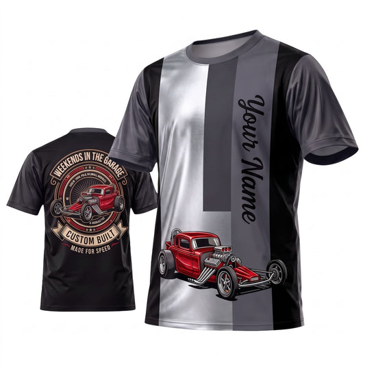 (8 Colors) Maxcorners Personalized Car Classic Muscle Car 3D T-Shirt - Vintage Black Yellow Racing Stripes and Red Muscle Car