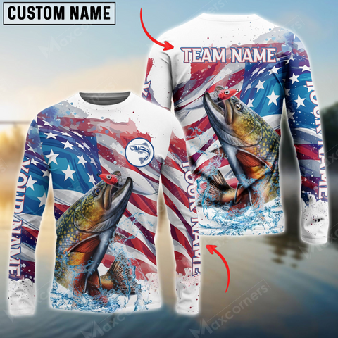 Maxcorners Trout Fishing Watercolor Usa Flag Personalized Name, Team Name 3D Long Sleeve Shirt