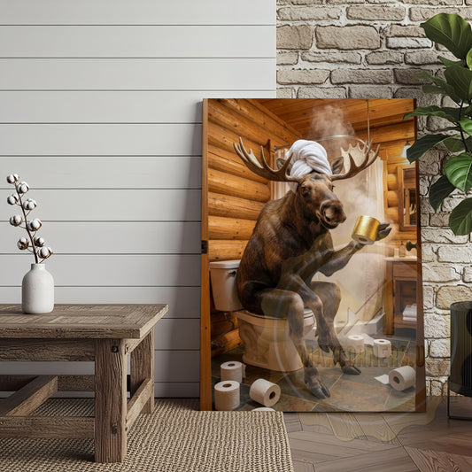 Maxcorners Moose Canvas Funny Bathroom Toilet Beer Humor Canvas Wall Art