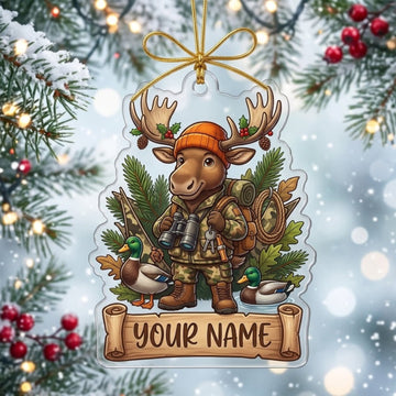 Maxcorners Moose Hunting Christmas Woodland Hunter Customized Name 3D Keychain And Ornament