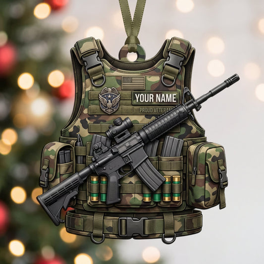 Maxcorners Military Olive Tactical Vest Rifle And Ammunition Personalized Name 3D Keychain And Ornament