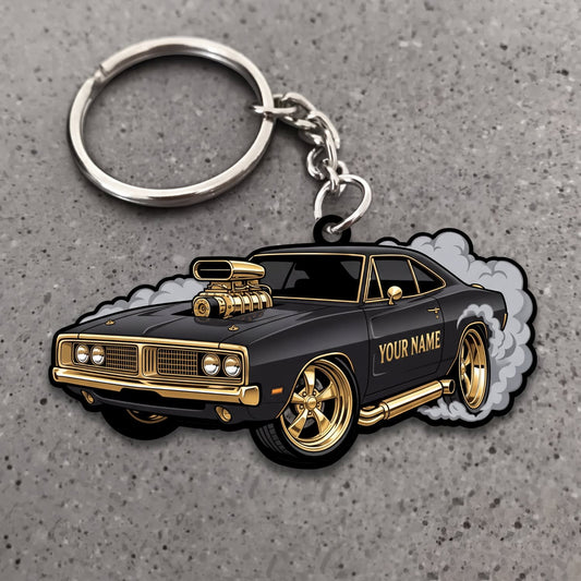Maxcorners Classic Muscle Car Black Gold Vintage Coupe with White Tire Smoke Personalized Name 3D Keychain And Ornament
