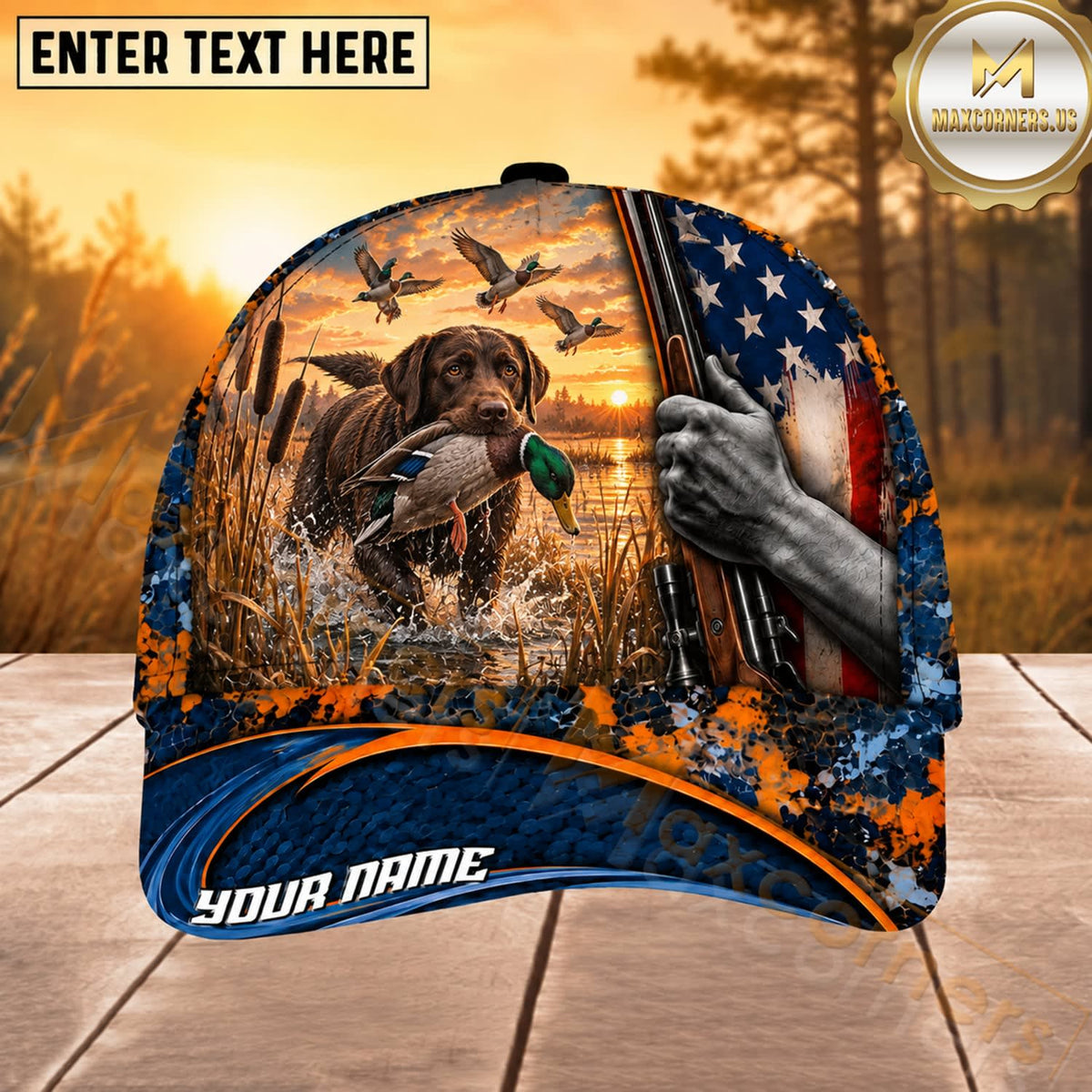 Maxcorners Dog Hunting And Duck American Flag Marsh Sunset Hunting Scene Multiple Options Personalized Name 3D Cap