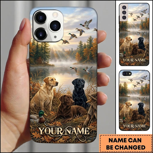 Maxcorners Duck Hunting Golden Retriever and Chocolate Labrador Marsh Sunrise Personalized Name 3D Phone Case