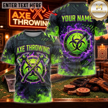 Maxcorners Axe Throwing Toxic Purple Green Fire Target Personalized Name 3D Unisex Shirt