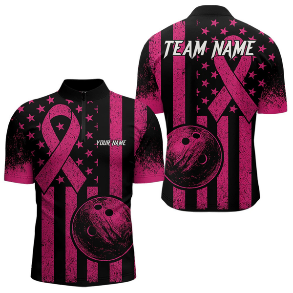 Maxcorners Black and Pink ribbon American Flag Bowling Shirts For Men Custom Breast Cancer team bowling shirts LM064
