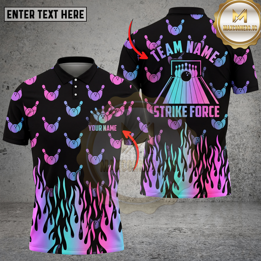 Maxcorners Bowling Polo Shirt Strike Force Neon Flames MulticOptions Personalized Name, Team Name 3D Shirt