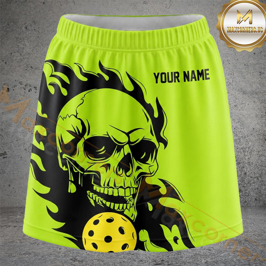 Maxcorners Pickleball Neon Green Skull Ball Personalized 3D Skort, Skirts With Shorts
