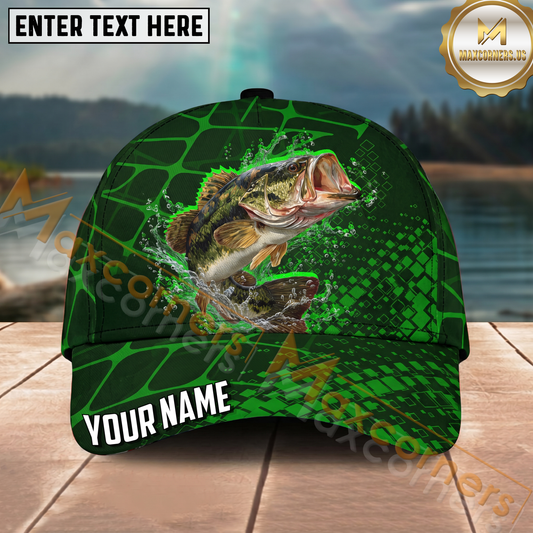 Maxcorners Fishing Green Geometric Water Splash Personalized Name 3D Cap (12 Fish Species)