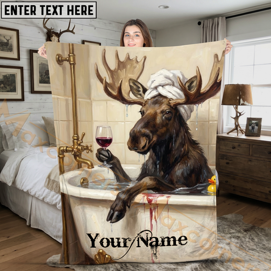 Maxcorners Humorous Moose in Bathtub Drinking Wine Personalized 3D Blanket