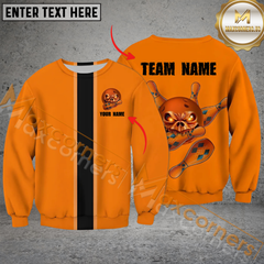 Maxcorners Orange And Black Funny Ball Skull Bowling Jersey Customized Name, Team Name 3D Polo Shirt