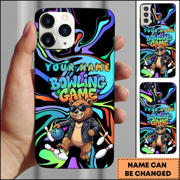 Maxcorners Bowling Rainbow Neon Bear Ball Pins Personalized Name Phone Case