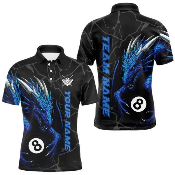Maxcorners Custom Men's Dragon Billiard Shirt – Black And Blue 8 Ball Pool Team Jersey Polo & Quarter Zip LM2404