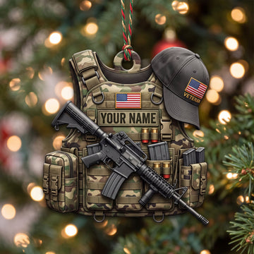 Maxcorners Veteran American Flag Tactical Vest Cap And Rifle Personalized Name 3D Keychain And Ornament