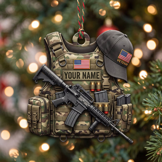Maxcorners Veteran American Flag Tactical Vest Cap And Rifle Personalized Name 3D Keychain And Ornament