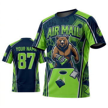 Maxcorners Cornhole Air Mail Green Blue Mascot Personalized Name 3D Unisex Shirt