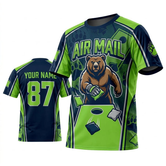 Maxcorners Cornhole Air Mail Green Blue Mascot Personalized Name 3D Unisex Shirt