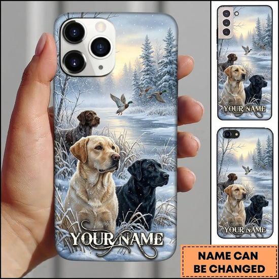Maxcorners Duck Hunting Yellow Labrador Retriever and Black Labrador Winter Lake Personalized Name 3D Phone Case